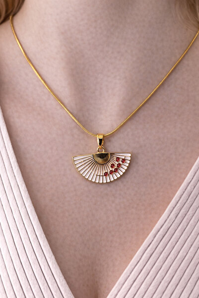 divakse Steel Necklace Kyoto Fan Red Flower Pattern Gold