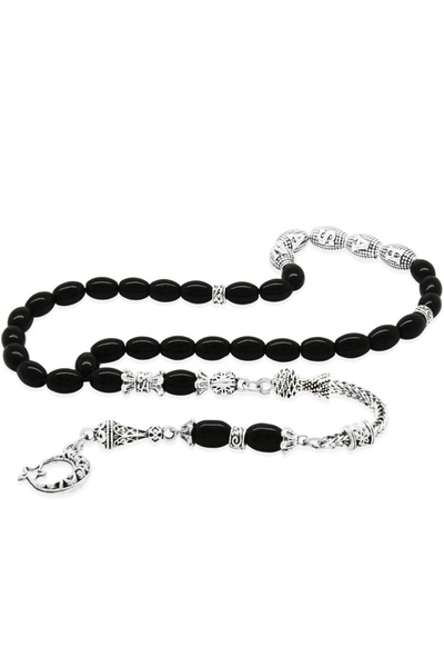 Tesbihane Kararmaz Metal Püsküllü Arpa Kesim Metal İsim Yazılı Oniks Doğaltaş...