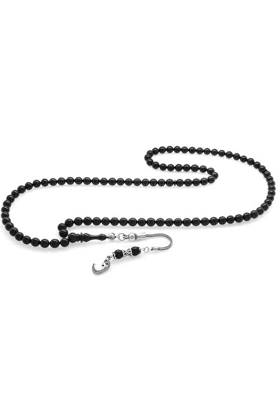 Tesbihane 925 Ayar Gümüş Püsküllü Küre Kesim Siyah Sıkma Kehribar 99 Taneli N...
