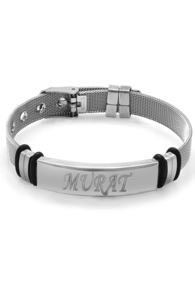 Tesbihane İsme Özel Yazılı Uzunluk Ayarlı Gümüş Renk Çelik Erkek Hasır Bileklik