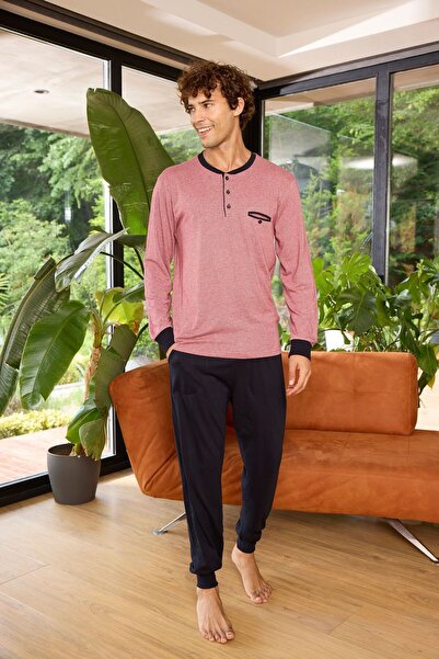 KLY Men's Midi Collar Sleeve Leg Ribbed Pajama Set Stylish Design 9261