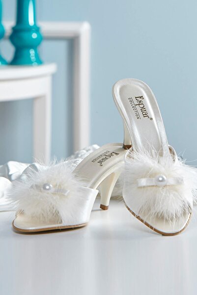 Espuar Papuci de casă și de casă pentru femei, cu pene pudrate, decorate cu p...