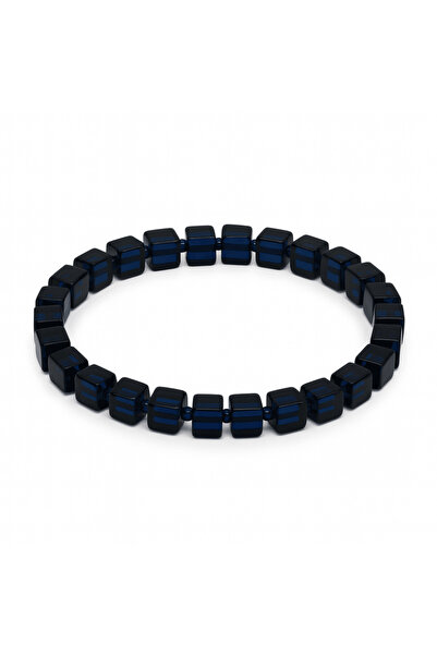 Tesbihane Navy Blue Color Cube Cut Natural Drop Amber Men's Bracelet
