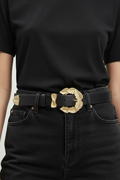 Kemerix Жіночий чорний пояс із золотою командною пряжкою