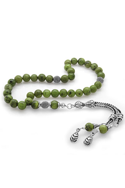 Tesbihane Kararmaz Metal Püsküllü Küre Kesim Yeşim Doğaltaş Tesbih