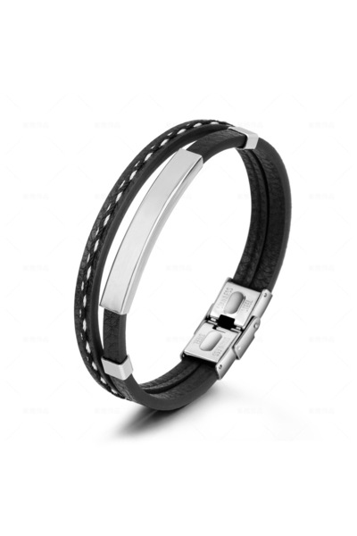 Tesbihane Retro Siyah Deri ve Gümüş Renk Çelik Plakalı Mekanizmalı İsme Özel ...