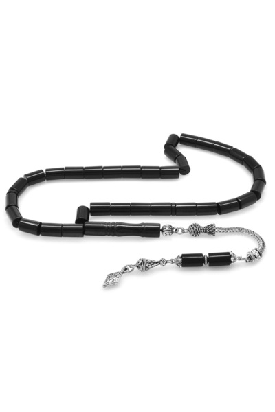 Tesbihane Kararmaz Metal Anadolu Desen Püsküllü Kesme Kesim Siyah Sıkma Kehribar