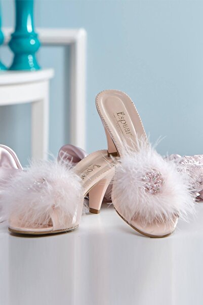 Espuar Papuci de casă și de casă pentru femei, decorați cu perle cu blană ecru