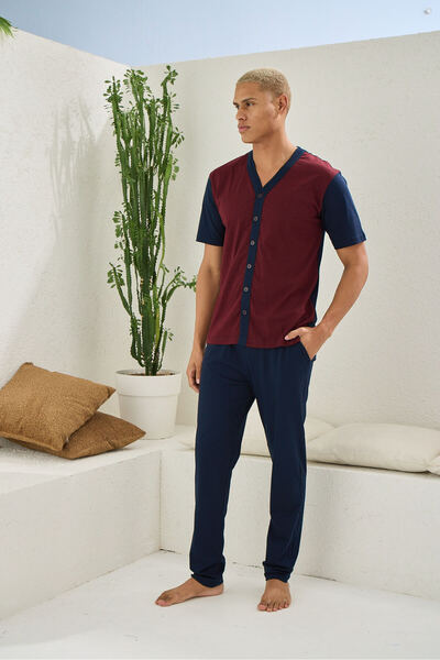 KLY 2108 Komplet pidžame sa V-izrezom i dugmićima, puna dužina