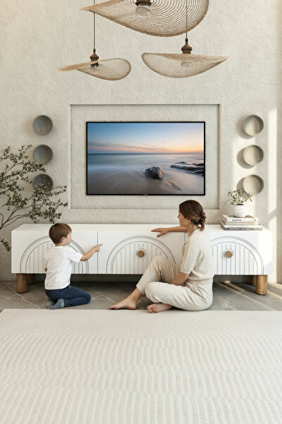 izcodesign Bohem 150 cm 3 Kapaklı Beyaz TV Ünitesi – MDF Mebran Kapaklı Modern TV Sehpası | Televizyon Konsolu