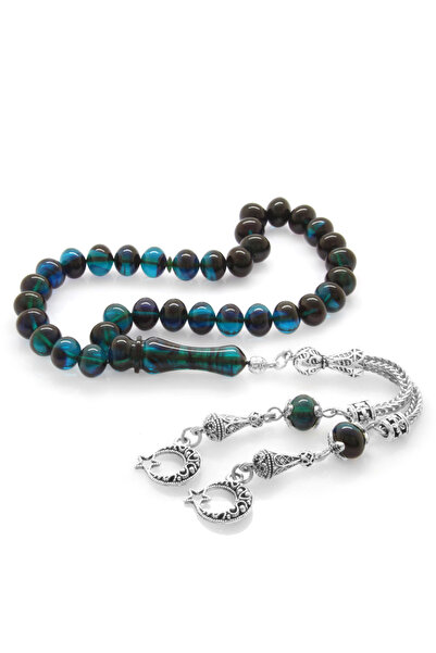 Tesbihane Kararmaz Metal Ayyıldız Püsküllü Tekerlek Kesim Süzme Turkuaz Siyah...