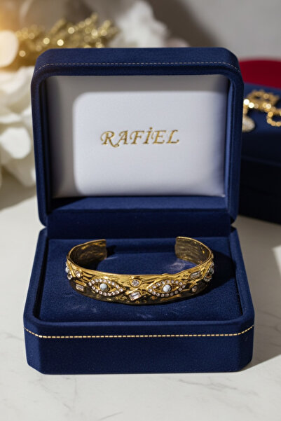 rafiel Gold Renk Göz Motifli Pirinç Bileklik - Zirkonlu Açık Kelepçe