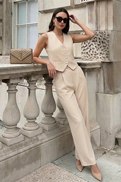Lela Regular Fit High Waist Loose Wide Leg V-Neck Vest Suit 5866199