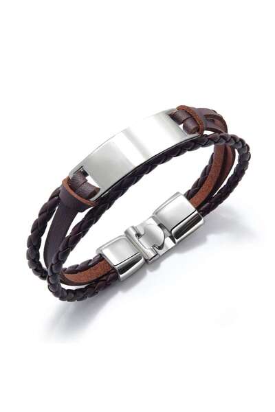 Tesbihane Minimal Tasarım Kahverengi Deri Gümüş Renk Plaka İsme Özel Yazılı E...