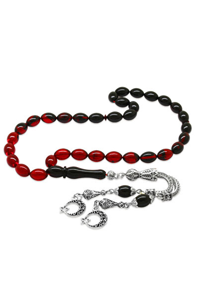 Tesbihane Ayyıldız Metal Püsküllü - Ячмінний різьблений чотки, червоно-чорний...