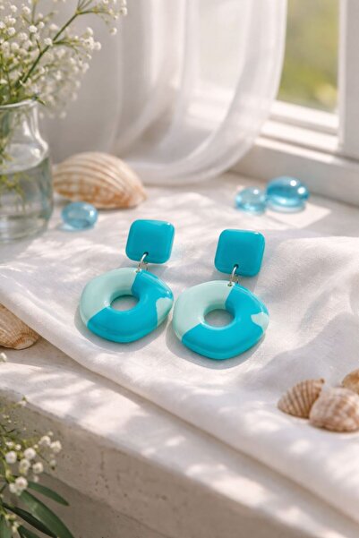 Aysha Tasarım Deep Turquoise Geometric Handmade Polymer Clay Earrings