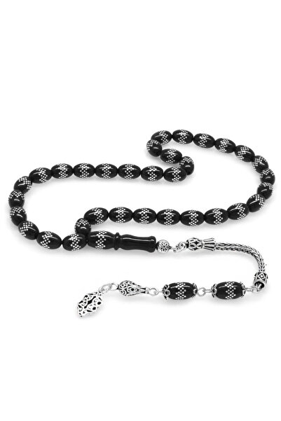 Tesbihane 925 Ayar Gümüş Püsküllü Baklava Desenli Arpa Kesim Rus Oltu Tesbih