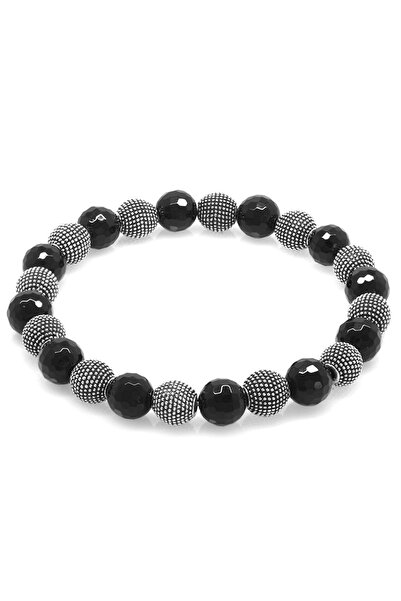 Tesbihane Oniks Doğaltaş Bileklik - Metal Kombinli - Faset Küre Kesim