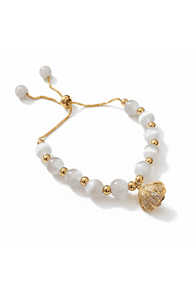 Tesbihane Pearl Oyster Design Gold Color Selenite Natural Stone Women's Bracelet