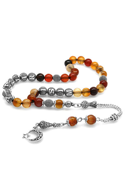 Tesbihane Kararmaz Metal Püsküllü Küre Kesim İsim Yazılı Kırmızı Siyah Akik D...