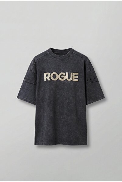 ablukaonline Erkek Yıkamalı Nakışlı Oversize T-Shirt Siyah