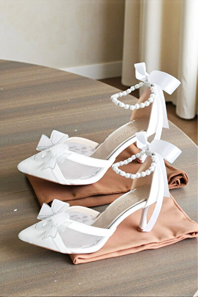 Famels Pantofi cu toc mic, cu perle și cu fundă, cu cască, pantofi de seară, ...