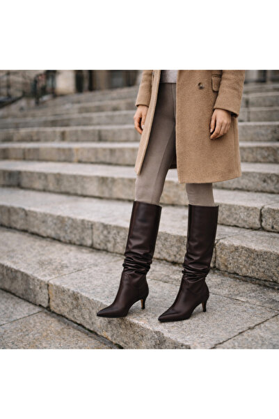 MixBrand حذاء نسائي طويل بني داكن نباتي بكعب قصير مريح بطول 6.5 سم ومقدمة مدببة