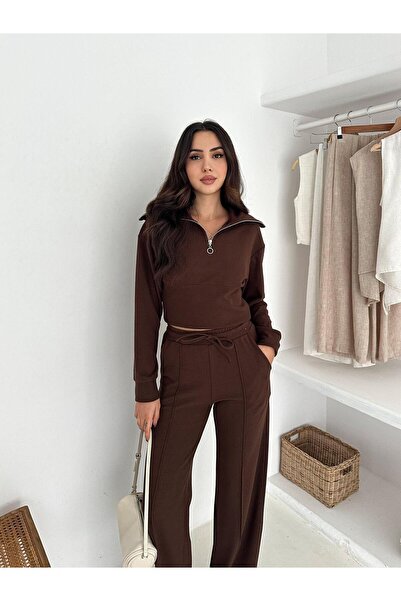 CKM MODA طقم بدلة رياضية ريبانا بسحّابات باللون البني