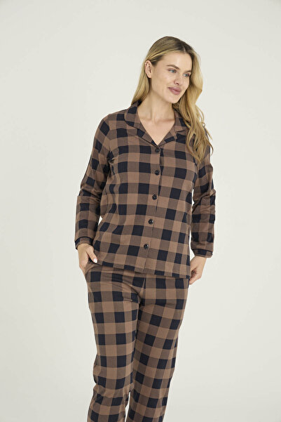 KLY Σετ πιτζάμες από 100% βαμβάκι για γυναίκες με γιακά και κουμπιά στο πάτωμα