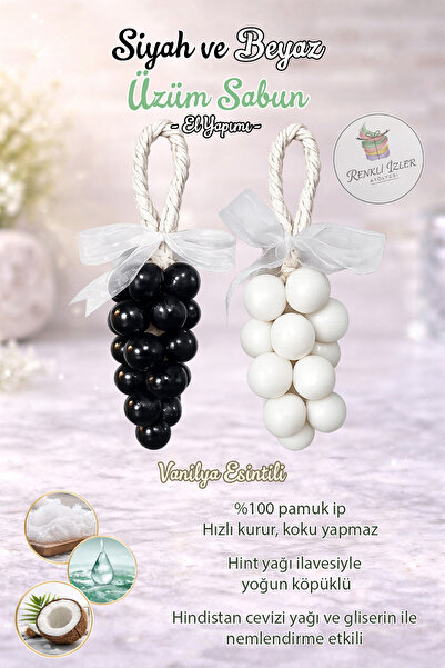 RenkliİzlerAtölyesi El Yapımı Üzüm Salkım Sabun(İkili Set Siyah-Beyaz Kurdelalı)