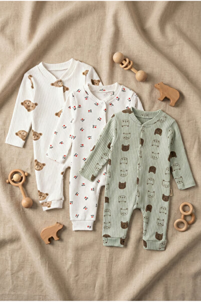 Noone 3'lü Paket Ayıcık Desenli Fitilli (Kaşkorse) %100 Pamuklu Bebek Tulum S...