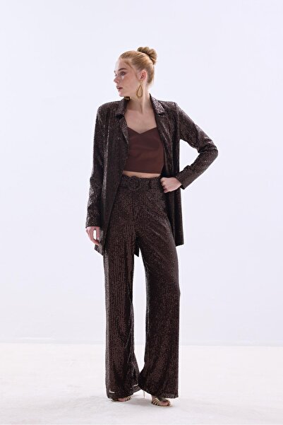 Sateen Pantaloni cu paiete cu curea - maro