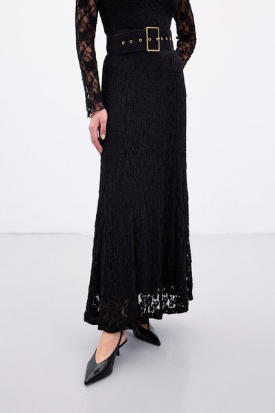 Sateen Lace Long Skirt - Black