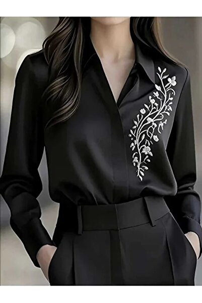 By shirts Women's Shirt Crepe Satin Trendy Embroidered Model Hidden Button
