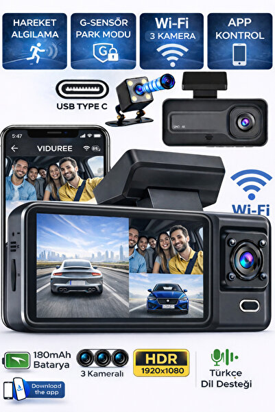 SONREİR SNR -38 Wi-Fİ Full Hd 3 Kameralı Araç içi Güvenlik Kamerası IR Gece G...