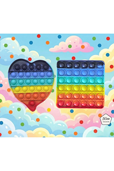 5Gen Tasarım 2'li Popit Rengarenk Pop It, Kare ve Kalp, Stres ve Zeka Oyunu, ...