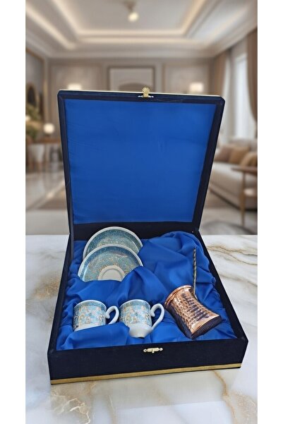 Nihal Süeda Kadife Kutulu Bakır Cezveli Yaldızlı Ikili Porselen Fincan Takımı