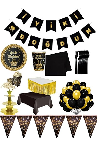 Fixman Siyah Gold 8 Kişilik Lüks Parti Seti - 11 Parça Dev Doğum Günü Paketi