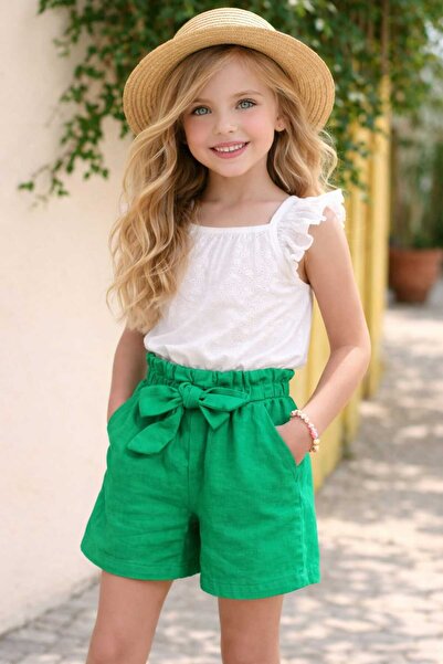 BEBEĞİME ÇORAP Beli Fırfırlı Lastikli Kız Çocuk Bol Paça Keten Şort