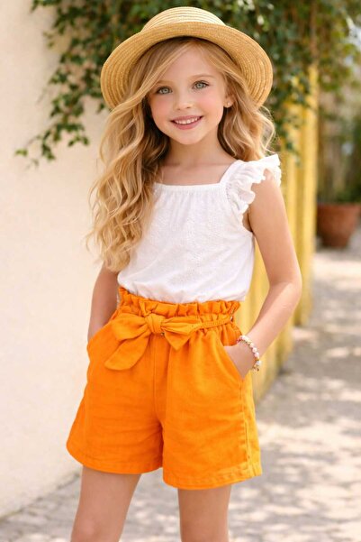 BEBEĞİME ÇORAP Beli Fırfırlı Lastikli Kız Çocuk Bol Paça Keten Şort