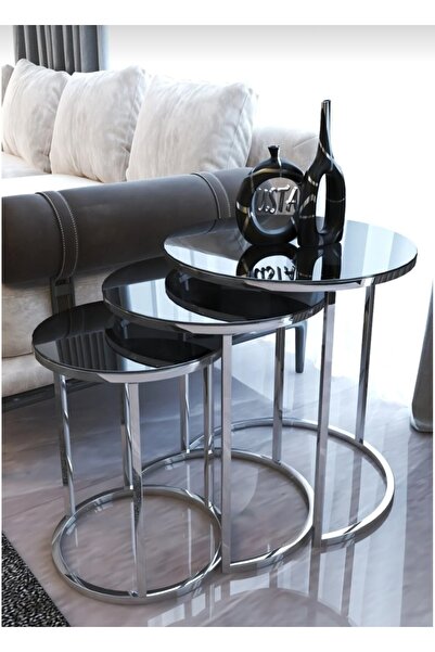Nokta Sehpa Home Gümüş Metal siyah düz camlı 3lü C Zigon Sehpa trent