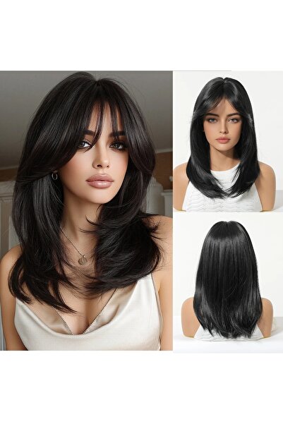 animis beauty Μαύρη περούκα, συνθετική ίνα υψηλής ποιότητας με όψη, μεσαίου ί...