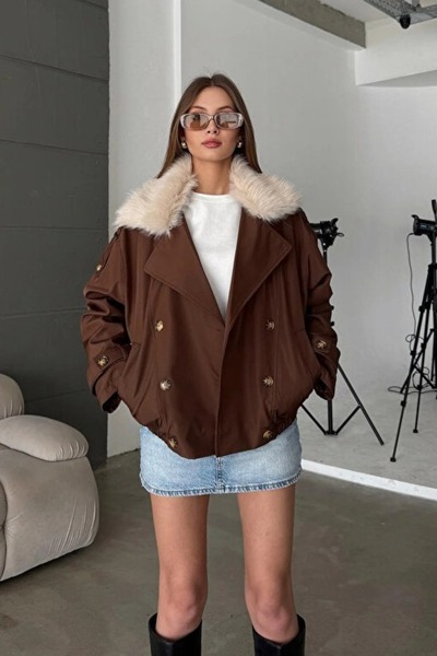 ALFUDO Moda Collection Fur Collar Elastic Waist Trench