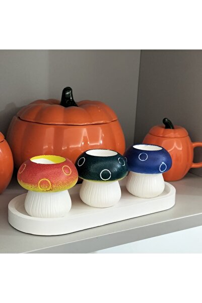 Delta Eps 3'lü Mantar Mumluk Şamdan Seti (Tepsili) Dekorasyon Parti Süsü teal...