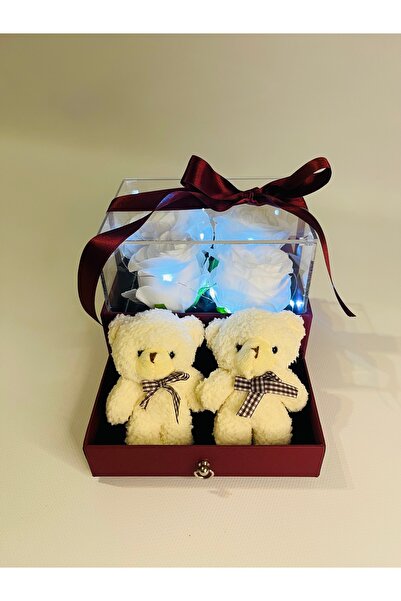 Lion Moon Flowers Sevgiliye Ledli Bordo Kutulu Çift Peluş Ayıcık Ve Gül