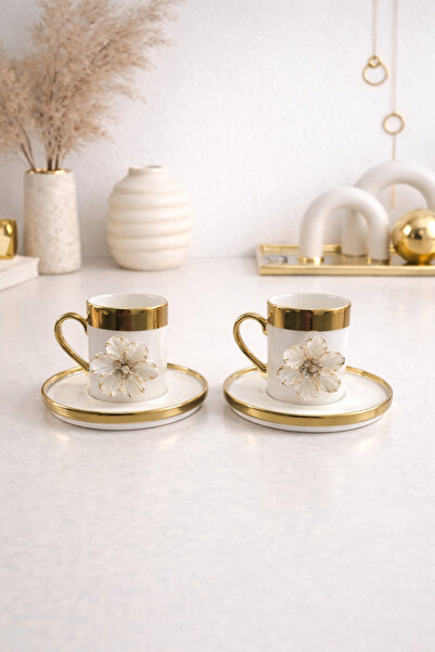 YzHome 2 Li Gold Gilded Porcelain Lotus Flower Coffee Cup Set 100ml