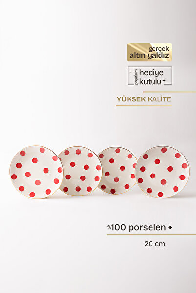 TUSE LIVING Confetti Red Gerçek Altın Yaldızlı Puantiyeli 4' lü Porselen Past...