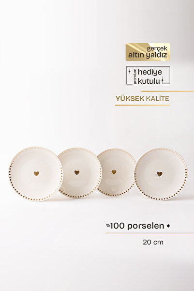 TUSE LIVING Dotted Hearts Gerçek Altın Yaldızlı Kalpli 4' lü Porselen Pasta T...