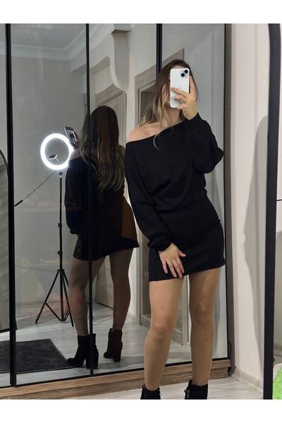 ELA Modal Kumaş Kayık Yaka Mini Elbise