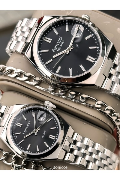 Ferrucci Brand Steel Cord,Silver Black Color,Lover Couple Wrist Watches Rosar...